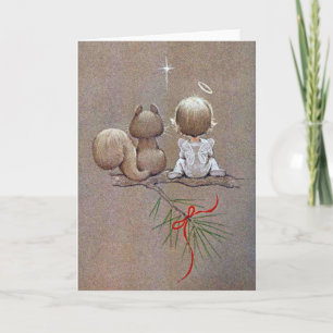 Süßer vintage Weihnachtsengel und Eichhörnchen Feiertagskarte
