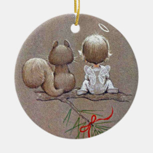 Süßer vintage Weihnachtsengel und Eichhörnchen Keramik Ornament