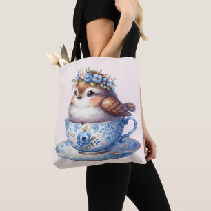 Süßer Vogel im Blumen-Tassenschälchen Cottagecore- Tasche
