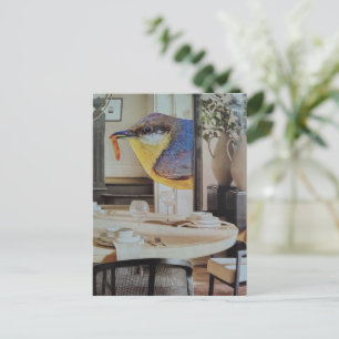süßer Vogel im Esszimmer surreale Collage-Kunst Postkarte