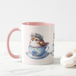 Süßer Vogel in floraler Teetasse Cottagecore-Kunst