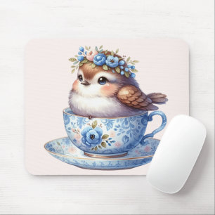 Süßer Vogel in floraler Teetasse Cottagecore-Kunst Mousepad