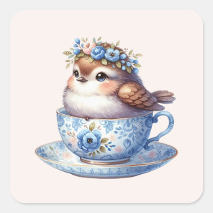 Süßer Vogel in floraler Teetasse Cottagecore-Kunst Quadratischer Aufkleber