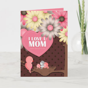 Süßer Vogel Pink Gelb Braun Floral Muttertag Karte