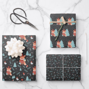 Süßer Wald Fuchs Schwarzes Weihnachten Geschenkpapier Set