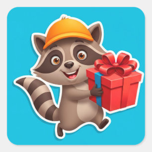 Süßer Waschbär-Cartoon mit Geschenkschachtel Quadratischer Aufkleber