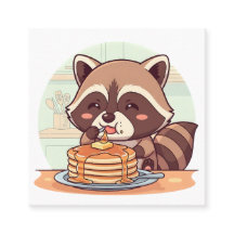Süßer Waschbär, der Pfannkuchen mit Sirup isst Kaw