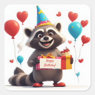 Süßer Waschbär-Geburtstag mit Geschenk und Schild Quadratischer Aufkleber