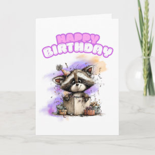 Süßer Waschbär in Geschenkschachtel Frohe Geburtst Karte