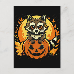 Süßer Waschbär in Halloween Grusel-Kürbis Postkarte