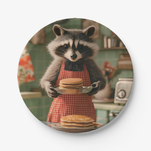 Süßer Waschbär-Koch in einer Retro-Küche serviert Pappteller