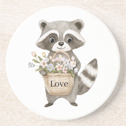 Süßer Waschbär-Korb Blumen Getränkeuntersetzer (Vorne)