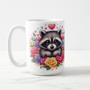 Süßer Waschbär mit farbenfrohen Blumen und Herzen Kaffeetasse
