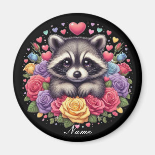 Süßer Waschbär mit farbenfrohen Blumen und Herzen Magnet