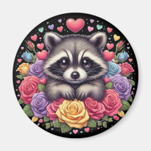 Süßer Waschbär mit farbenfrohen Blumen und Herzen Magnet