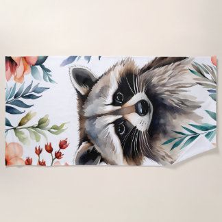 Süßer Waschbär unter Blumen Aquarellkunst Strandtuch