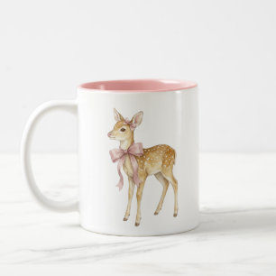Süßer Wasserfarben-Babyhirsch mit rosa Schleife Zw Zweifarbige Tasse