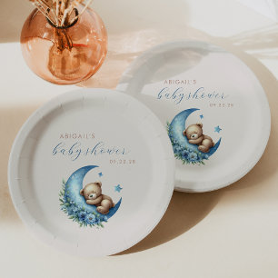 Süßer Wasserfarben-Bär Blau Mond Junge Baby Shower Pappteller