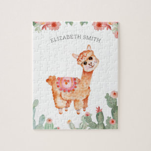 Süßer Wasserfarben-Blumen-Kaktus-Lama-Name Puzzle