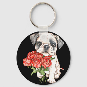 Süßer Wasserfarben-Bulldoggen-Welpe mit roten Rose Schlüsselanhänger