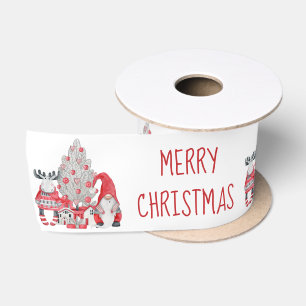 Süßer Wasserfarben-Elch-Gnom-Weihnachtsbaum Satinband