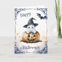 Süßer Wasserfarben-Halloween-Geist auf einem Kürbi