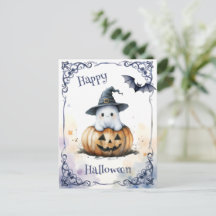 Süßer Wasserfarben-Halloween-Geist auf einem Kürbi