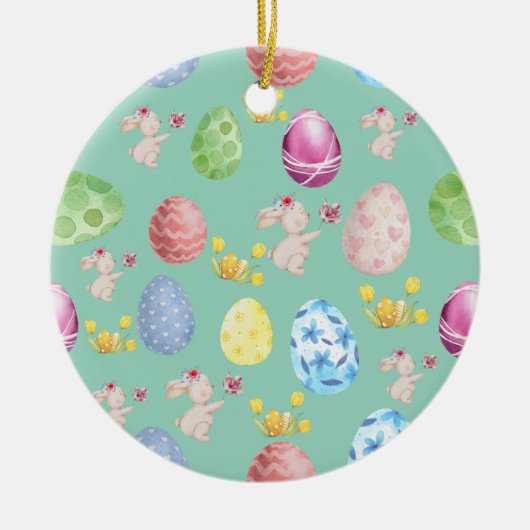 Süßer Wasserfarben-Hase Hellgrün Gelb Ostern Keramik Ornament (Vorne)