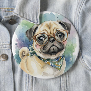 Süßer Wasserfarben-Mops mit Brille Button