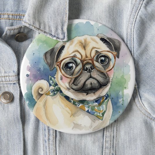 Süßer Wasserfarben-Mops mit Brille Button (Beispiel)