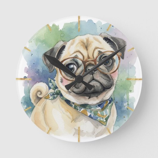 Süßer Wasserfarben-Mops mit Brille Runde Wanduhr (Vorderseite)
