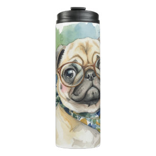 Süßer Wasserfarben-Mops mit Brille Thermosbecher