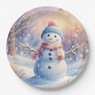Süßer Wasserfarben-Schneemann im Winter-Wunderland Pappteller