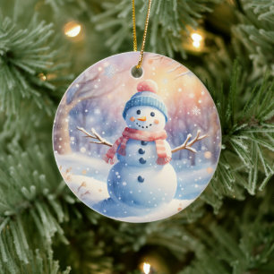 Süßer Wasserfarben-Schneemann im Winterwunderland Keramik Ornament