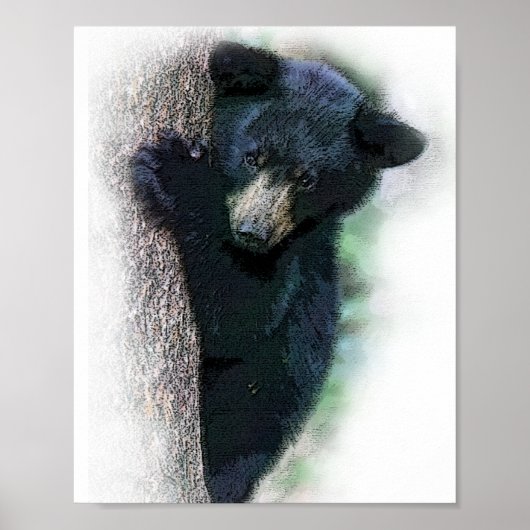 Süßer Wasserfarben-Schwarzbärjunges im Baum Poster (Vorne)