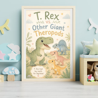 Süßer Wasserfarben-T-Rex gegen riesige Theropoden- Poster