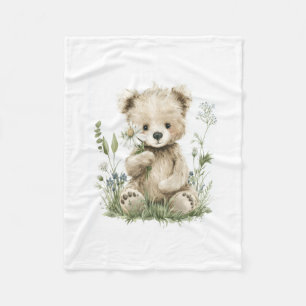 Süßer Wasserfarben-Teddybär mit Wildblumen Fleecedecke