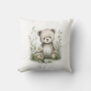Süßer Wasserfarben-Teddybär mit Wildblumen Kissen