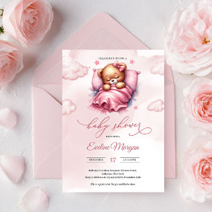 Süßer Wasserfarbener rosa schlafender Teddybär auf Einladung