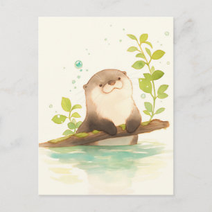 Süßer Wasserfarbenotter auf moosigem Ast Postkarte
