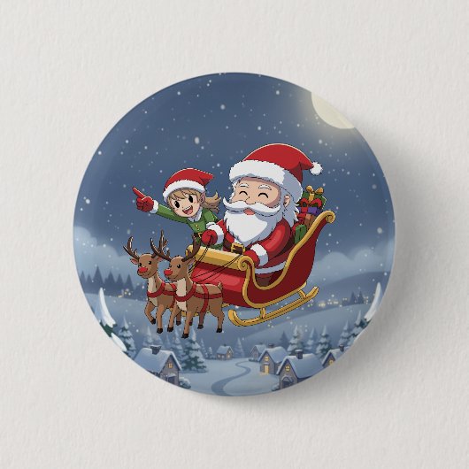 Süßer Weihnachts-Chibi-Weihnachtsmann und Elf-Knop Button (Vorderseite)