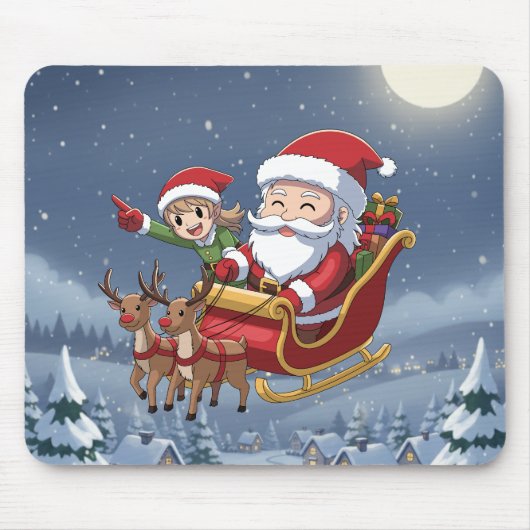Süßer Weihnachts-Chibi-Weihnachtsmann und Elf Maus Mousepad (Vorne)