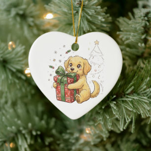 Süßer Weihnachts-Golden-Retriever-Welpe umarmt Ges Keramik Ornament