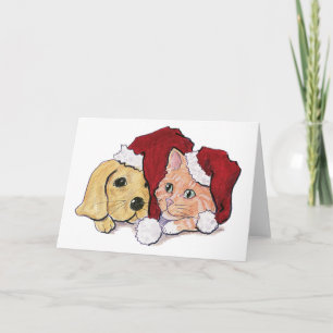 Süßer Weihnachts-Labrador-Welpe und orange getiger Feiertagskarte