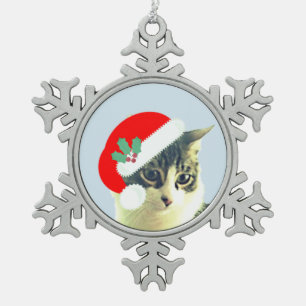 Süßer Weihnachts-Magier-Katzengesicht Schneeflocken Zinn-Ornament