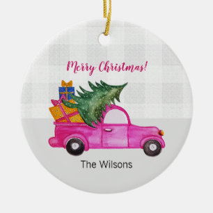 Süßer Weihnachts-Pink-LKW mit Baum und Wünschen Keramik Ornament