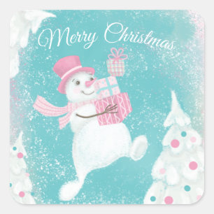 Süßer Weihnachts-Schneemann in Rosa und Mint Quadratischer Aufkleber