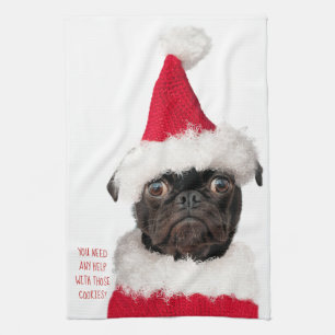 Süßer Weihnachts-Schwarz-Pug-Welpe Santa Helfer Geschirrtuch