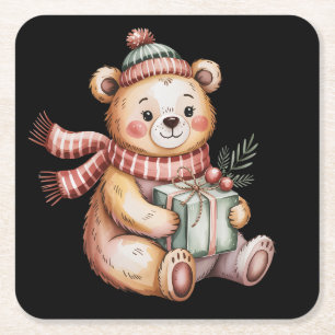 Süßer Weihnachts-Teddybär mit Geschenk Rechteckiger Pappuntersetzer