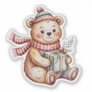 Süßer Weihnachts-Teddybär mit Geschenk Wasserfarbe Aufkleber